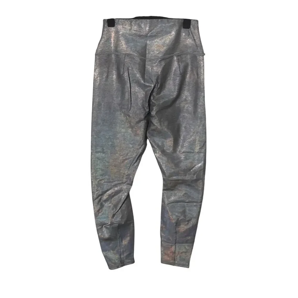 Alo Yoga Silver Metallic Holographic Leggings Athleisure Shimmer‎ Size M